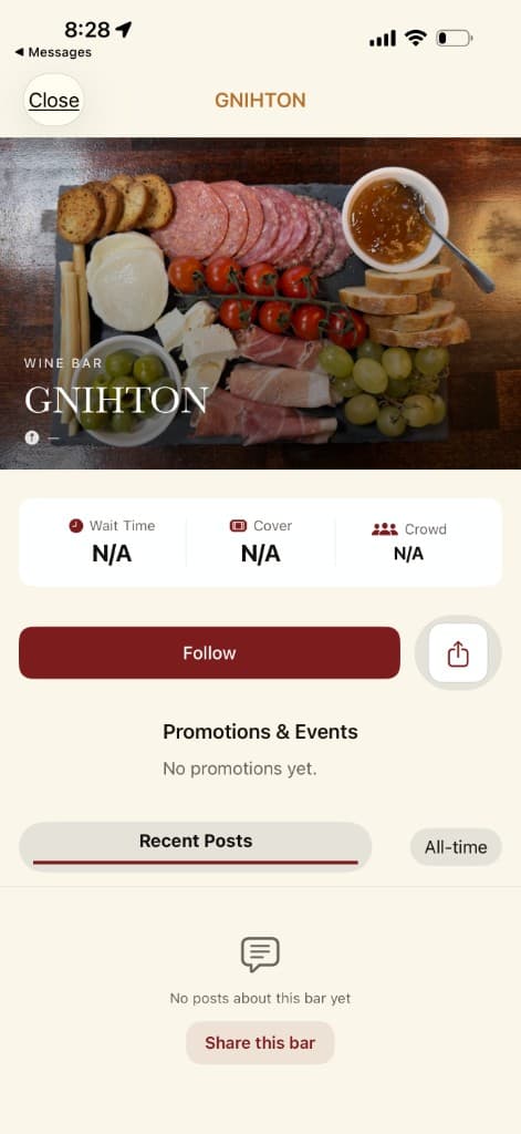 Sip bar profile for a wine bar showing the hero charcuterie image, live wait/cover/crowd stats, a Follow button, and a Recent Posts tab.