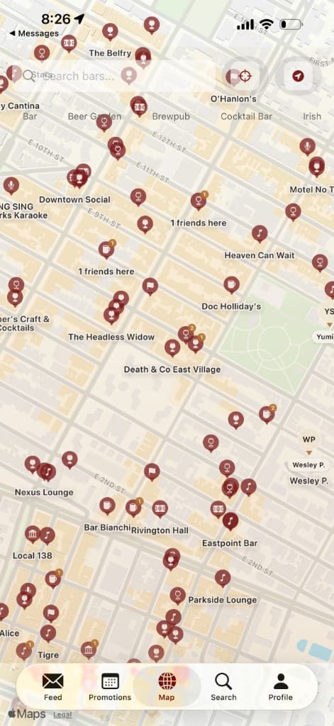 Sip Map view zoomed into NYC's East Village showing bar pins, including 1-friends-here clusters near Heaven Can Wait and Doc Holliday's.