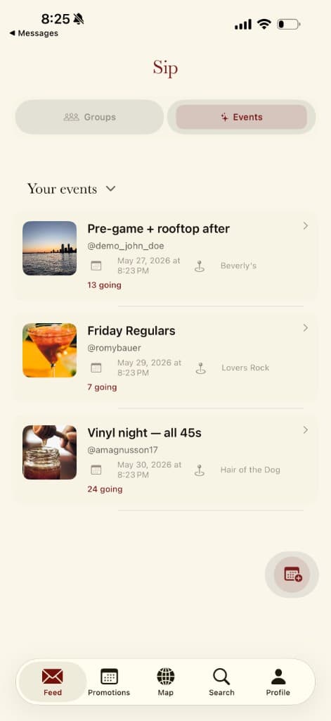Sip Plans tab listing user events: a pre-game + rooftop after at Beverly's, Friday Regulars at Lovers Rock, and Vinyl Night at Hair of the Dog with going counts.