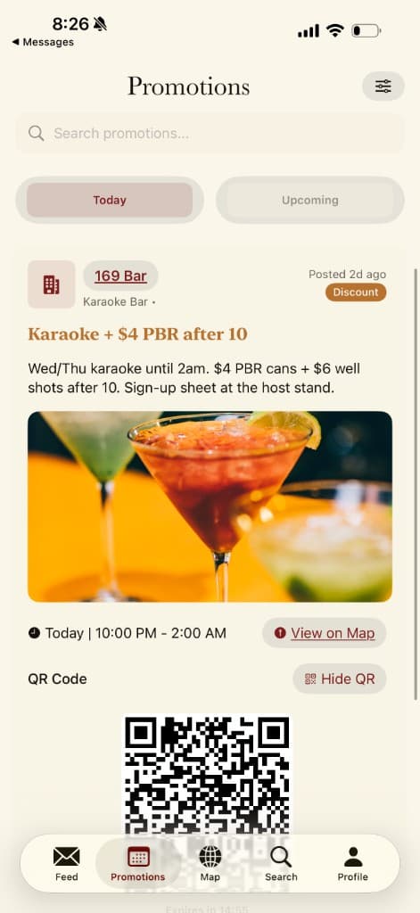 Sip Promotions tab showing a karaoke promo from 169 Bar with a live time window and an event description.