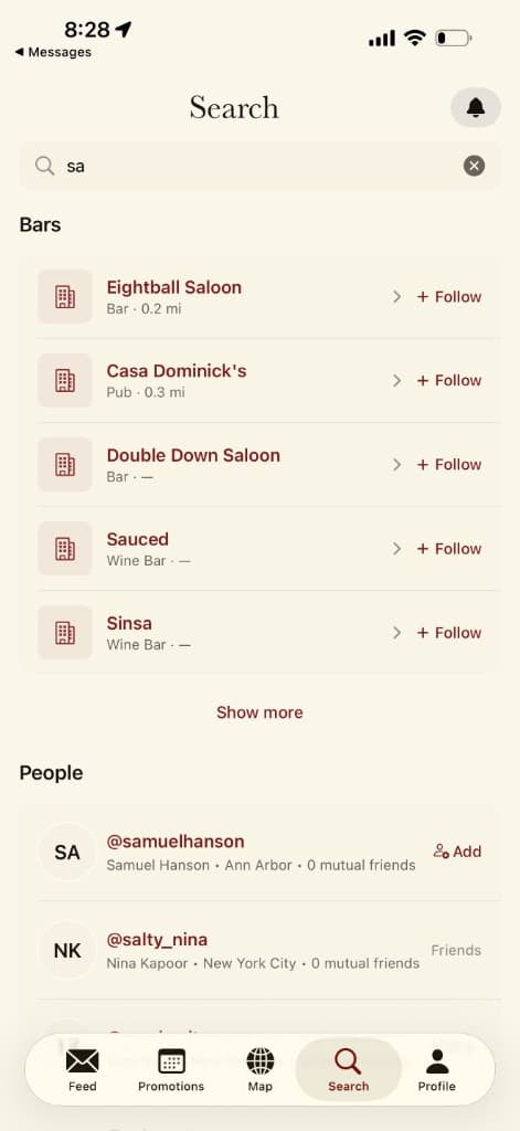 Sip Search tab with the query 'sa': bar results including Eightball Saloon and Casa Dominick's plus people results @samuelhanson and @salty_nina with Friend / Add actions.