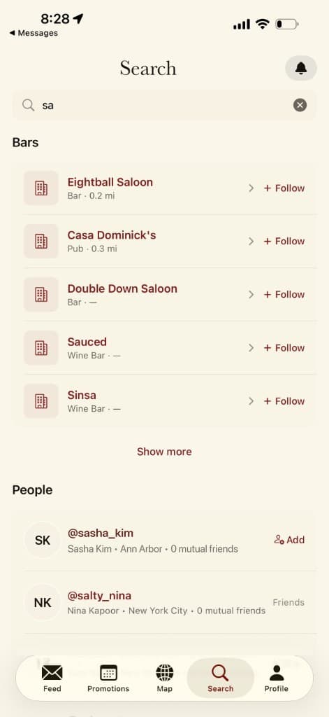 Sip Search tab with the query 'sa': bar results including Eightball Saloon and Casa Dominick's plus people results with mutual-friend counts and Friend / Add actions.